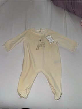 Tartine et Chocolat Cream Footed Baby One-Piece with Embroidered Motif